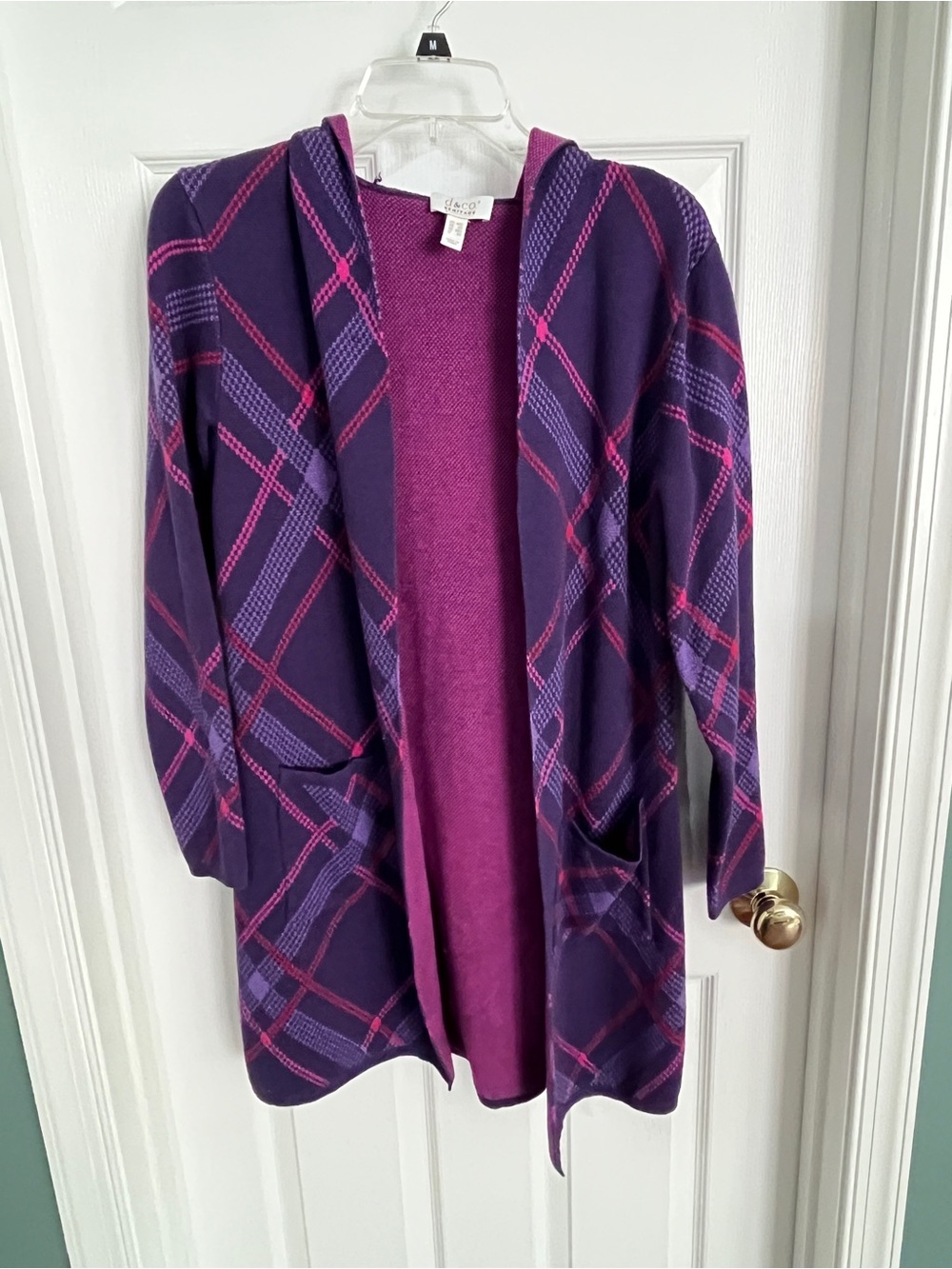 Heritage Purple Plaid Hooded Open-Front Cardigan with Pink Accents